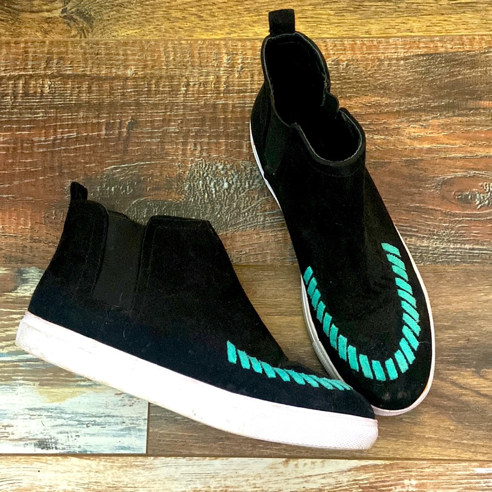 Black and Turquoise Crazy Train western style ankle shoes.